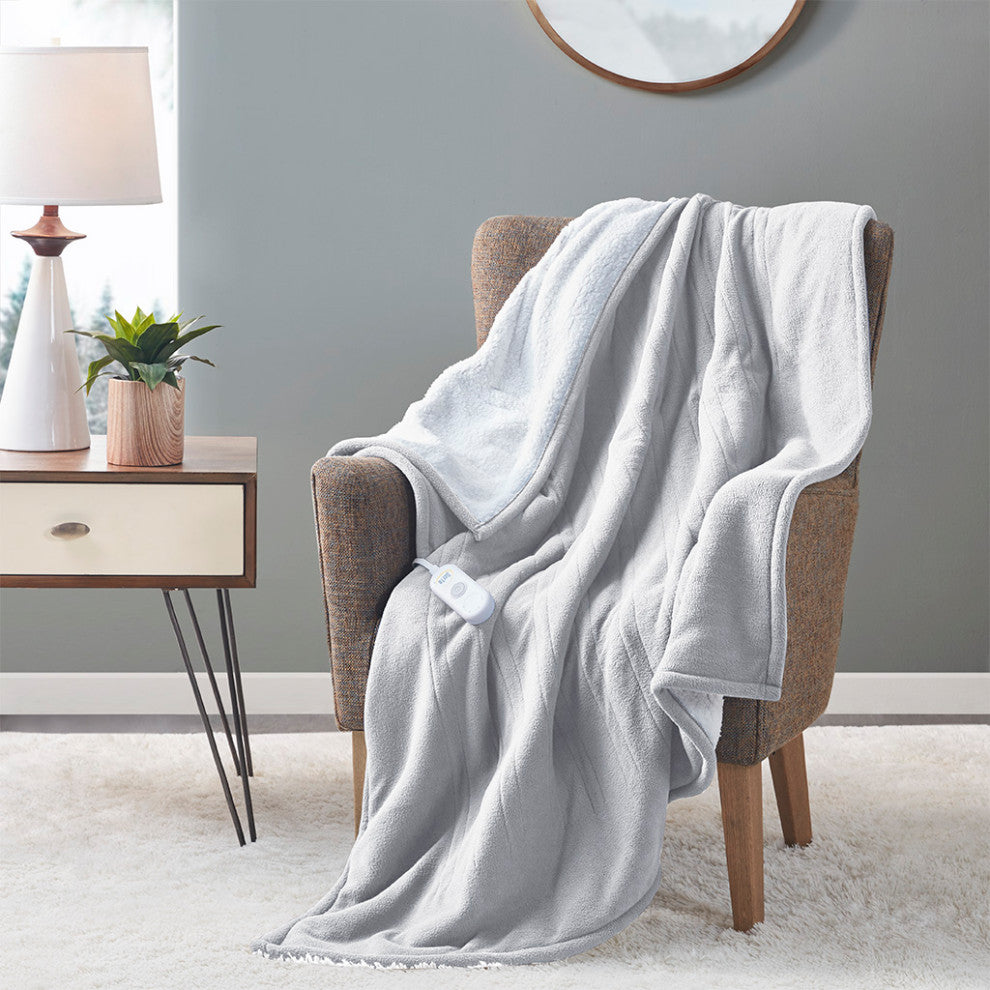 Serta Fleece to Sherpa Heated 50x60" Fleece Sherpa Electric Throw, L Grey