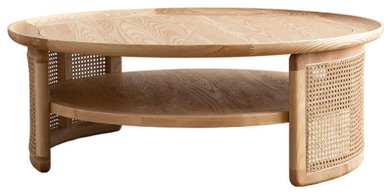 2-Tiered Japandi Round Wood Coffee Table With Rattan Base