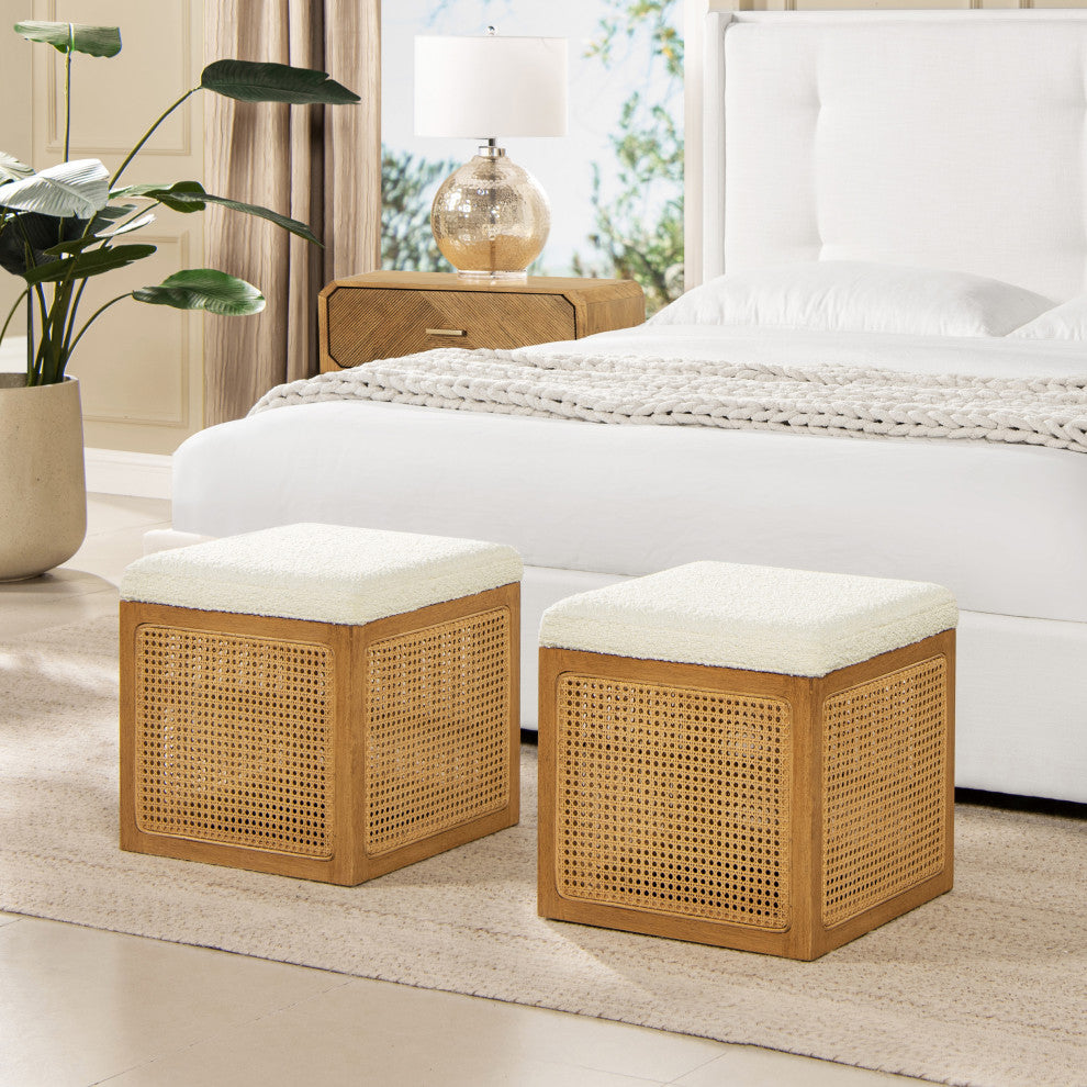 Nina 18" Cane Webbing Cube Ottoman, Ivory White Boucle