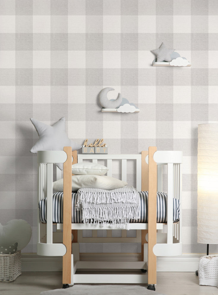 Checkered Fabric Look Medium Peel and Stick Vinyl Wallpaper, Gray, 24"x108"
