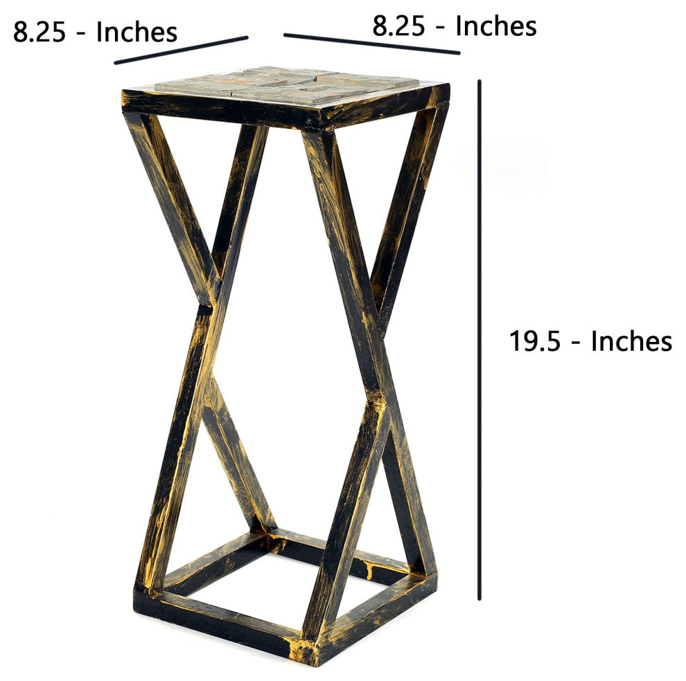 19.5 Inches Stone Top Plant Stand with Geometric Base, Black and Gray
