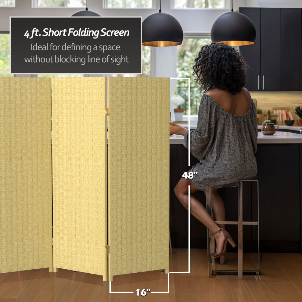 4'' Tall Woven Fiber Room Divider, Dark Beige, 4 Panel