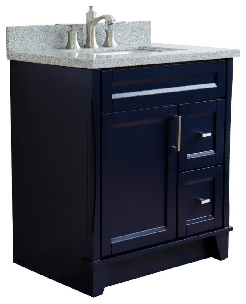 31" Single Sink Vanity, Blue Finish With Gray Granite With Rectangle Sink