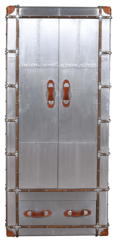 Pilot Tall Cabinet in Silver Aluminum Cladding and Leather Accents