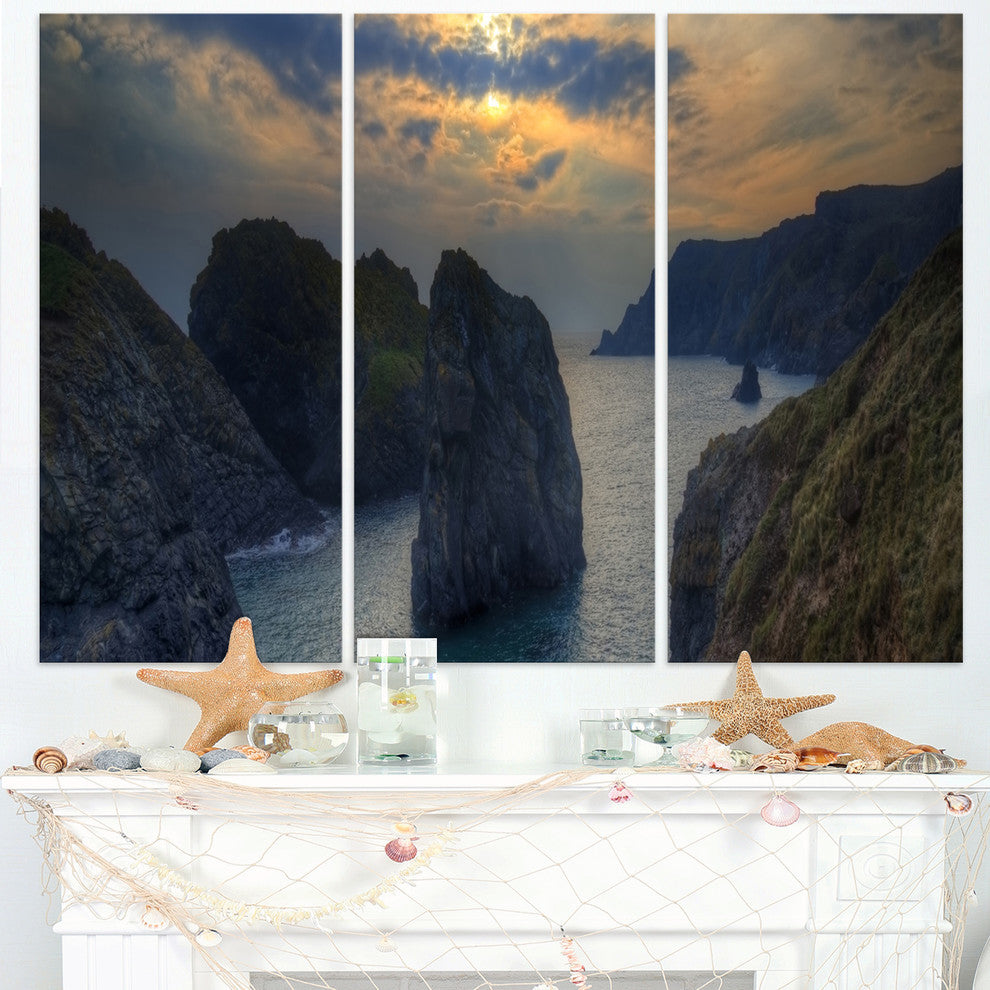 "Dark Rocky Panorama Coastline" Metal Wall Art, 3 Panels, 36"x28"