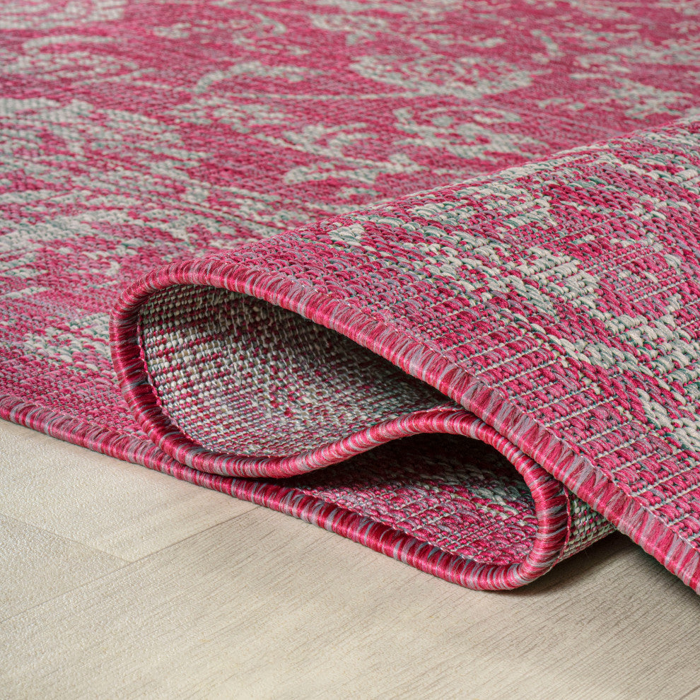Tela Boho Textured Weave Floral Indoor/Outdoor Rug, Fuchsia/Light Gray, 2 X 8