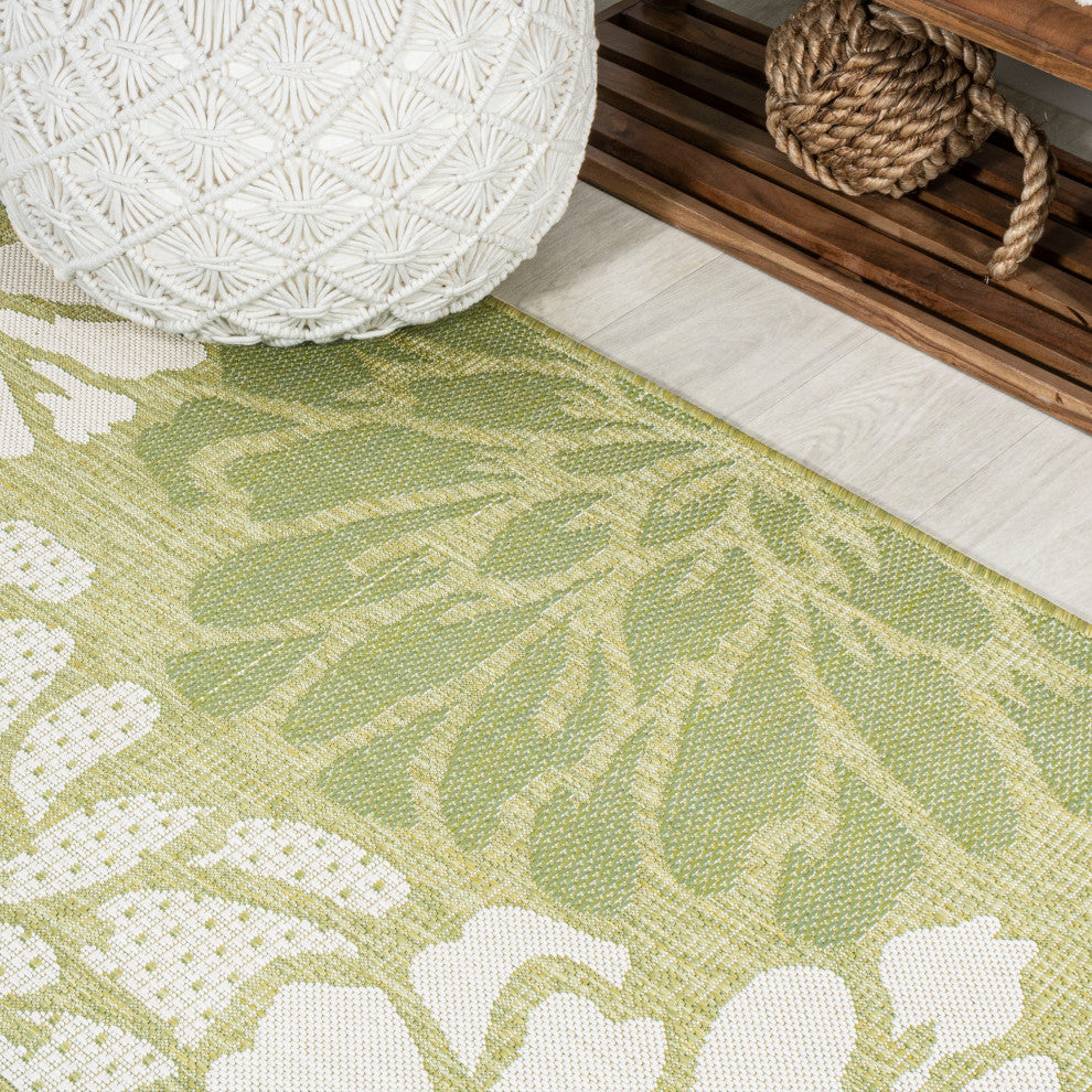 Zinnia Modern Floral Textured Weave Indoor/Outdoor, Green/Cream, 5' Square