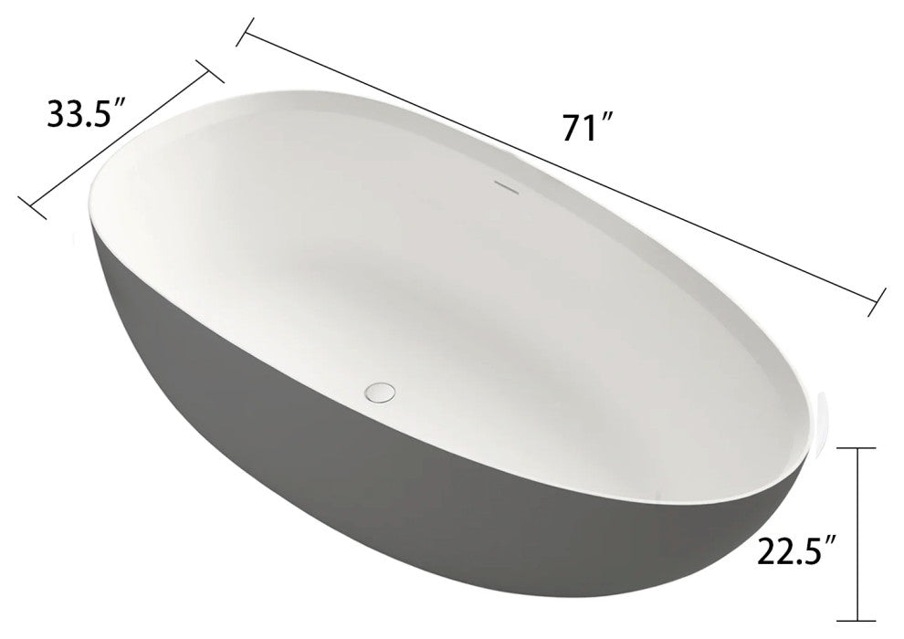 Solid Surface Freestanding Soaking Bathtub, Drain, White/gray