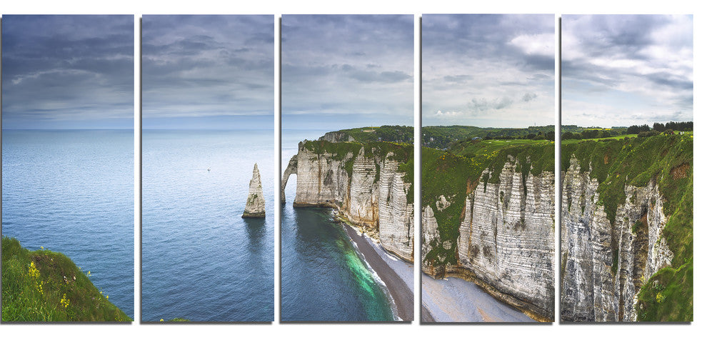 "Etretat Aval Cliff And Rocks" Oversized Beach Canvas Artwork, 5 Panels, 60"x28"
