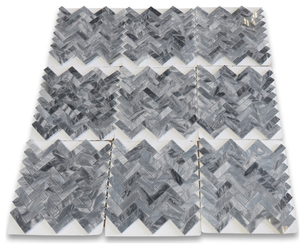 Bardiglio Gray Dark Grey Marble 1x3 Herringbone Mosaic Tile Polished, 1 sheet
