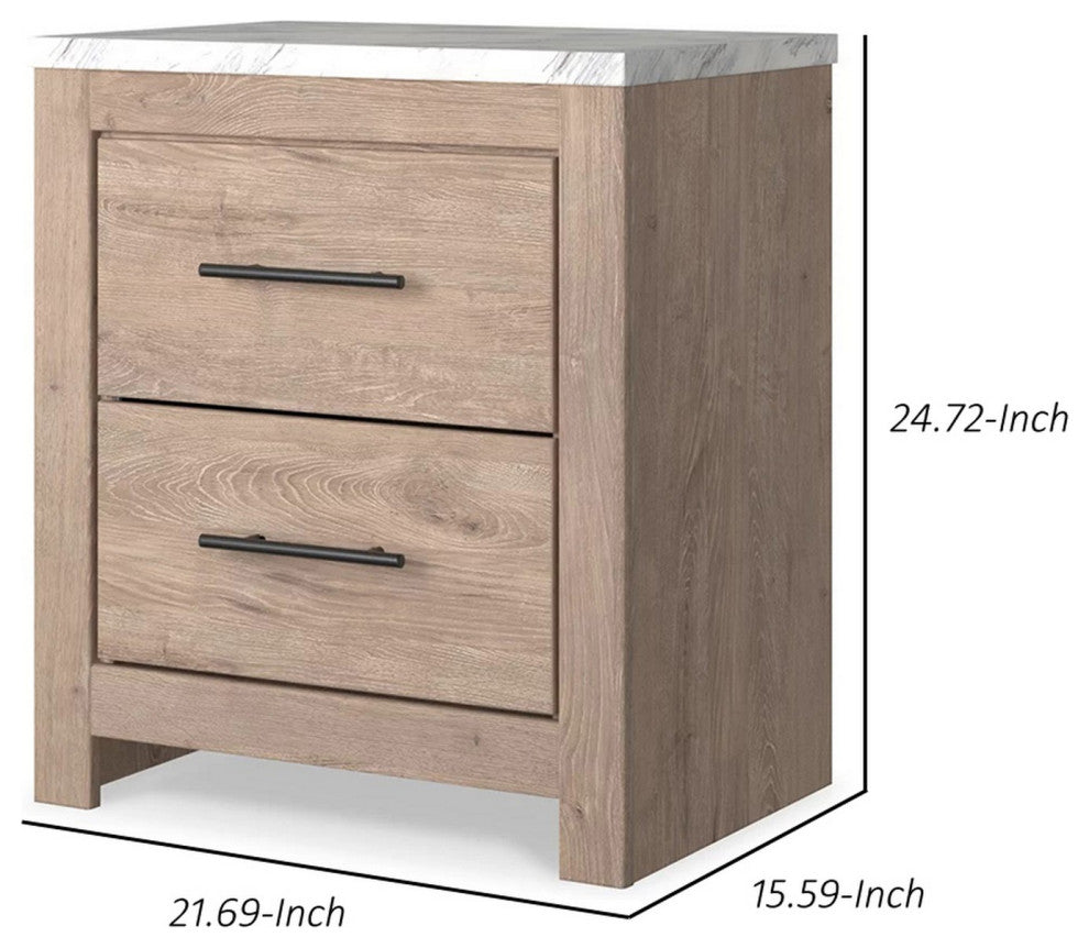 Benzara BM283333 25" Rustic Wood Nightstand, 2 Drawers, White Marble Top, Brown