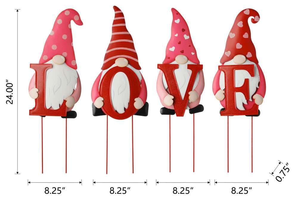 24" Metal Valentine's Love Gnome Yard Stake/Hanging Sign, 4-Piece Set
