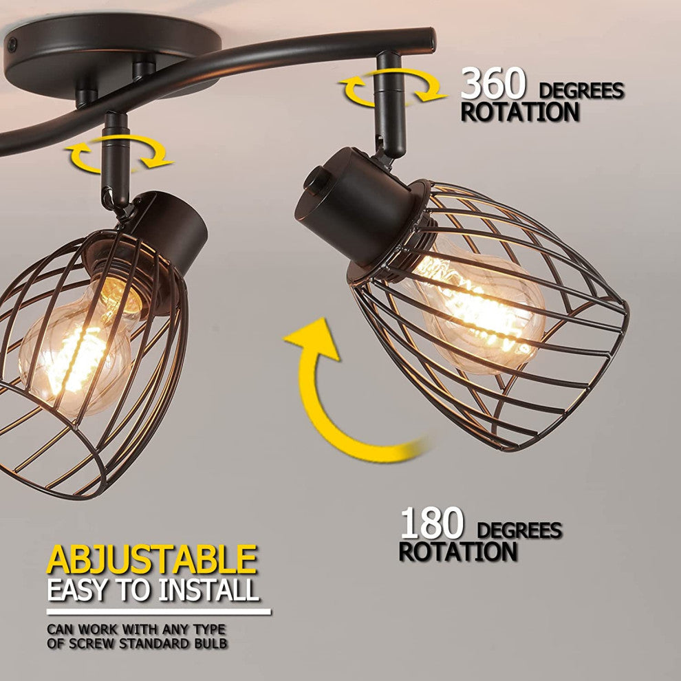 3 Light Semi Flush Mount, Farmhouse, Vintage, Cage, Black