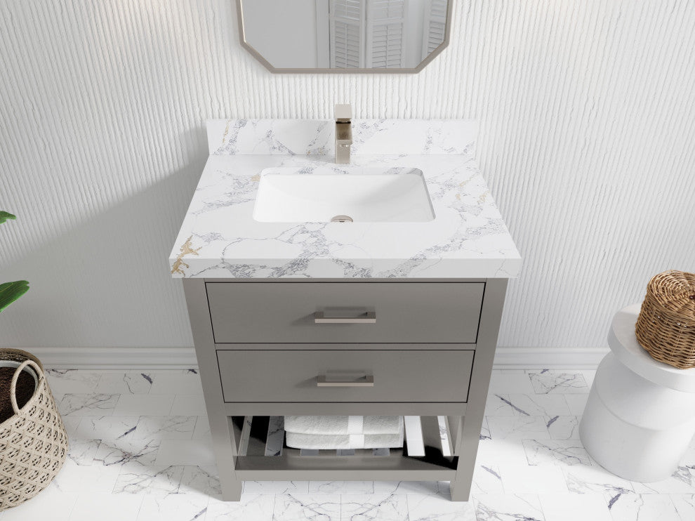 Parker 30" Single Sink Bath Vanity, Elephant Skin Gray 2" Calacatta Poanazzo