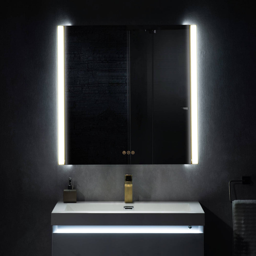LED Antifog Bathroom Mirror, Dimmer, Adjustable Color, Brush Gold, 36x32