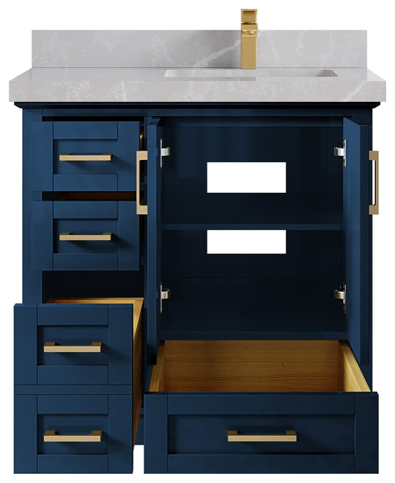 Boston 36 Right Offset Bath Vanity in Navy Blue 2" Pearl Gray