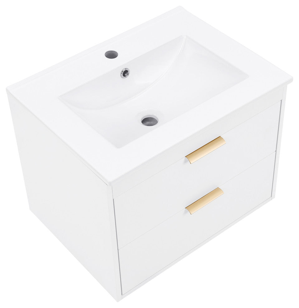 24" MDF Wall Mounted Bath Vanity, Integrated Ceramic Sink, White