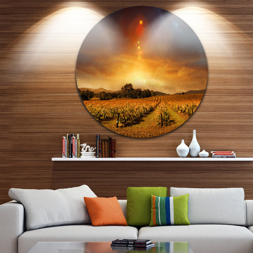 Yellow Autumn Vineyard Sunset, Landscape Disc Metal Artwork, 23"