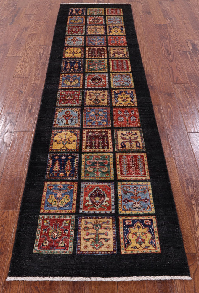 Persian Garden Design Handmade Black Runner Rug 2' 8" X 9' 7" Q10675