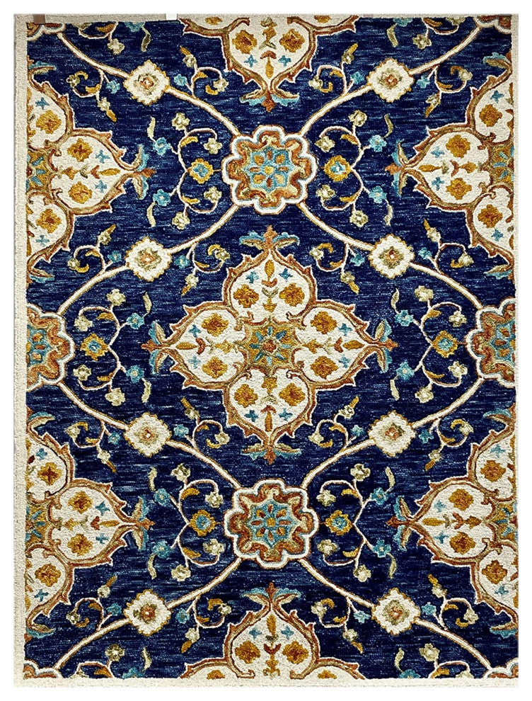7" x 9" Blue and Gold Intricate Floral Area Rug