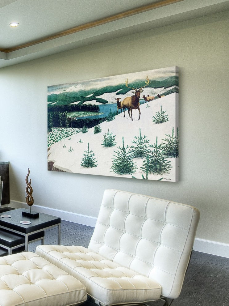 "Elk in Snow" Painting Print on Wrapped Canvas