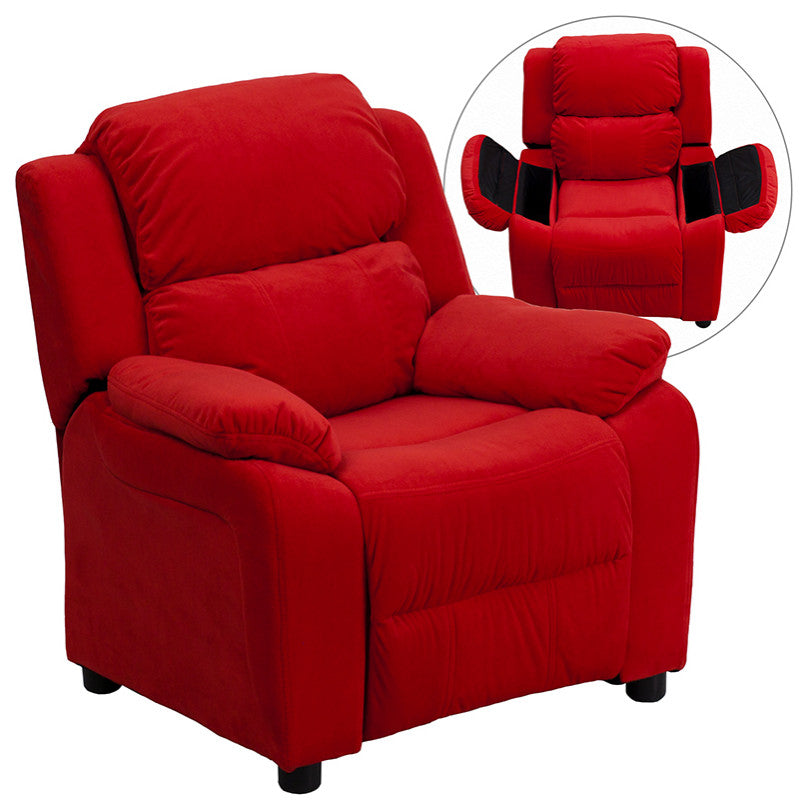 Deluxe Padded Red Microfiber Kids Recliner with Storage Arms