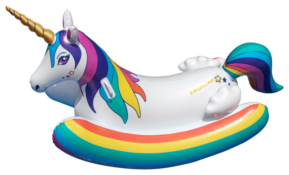 Inflatable White and Yellow Unicorn Rocker Swimming Pool Float 14"