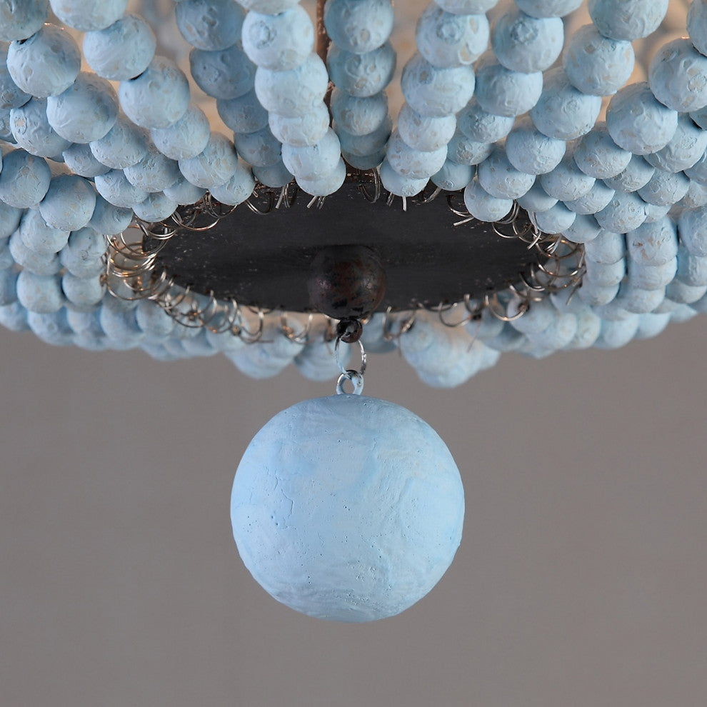 Kesarre Boho Wood Bead 3-Light Dome Shaped Flush Mount Ceiling Light, Blue
