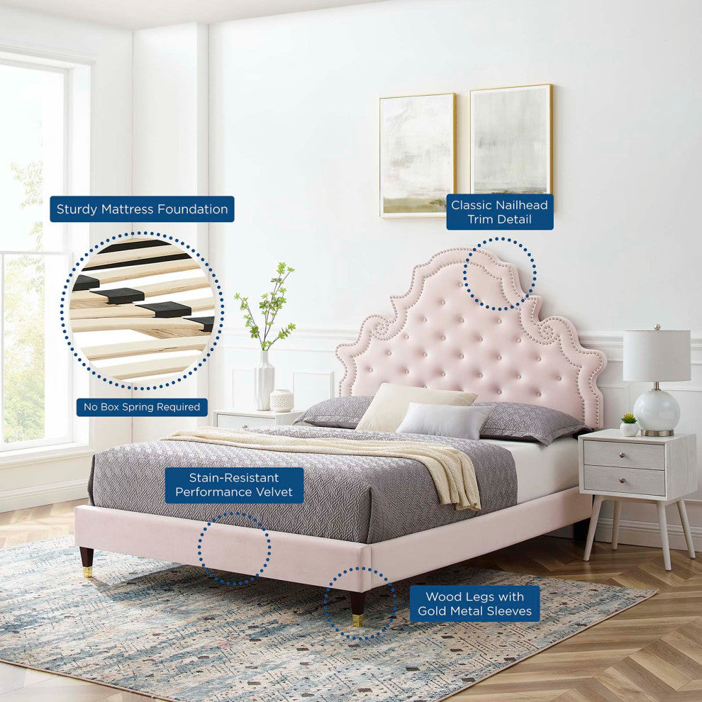 Tufted Platform Bed Frame, Full Size, Velvet, Pink, Modern Contemporary, Bedroom