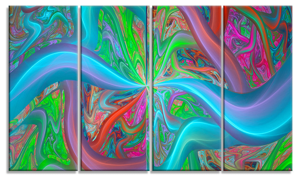 Blue Green Fractal Curves, Abstract Canvas Art Print, 48"x28", 4 Panels