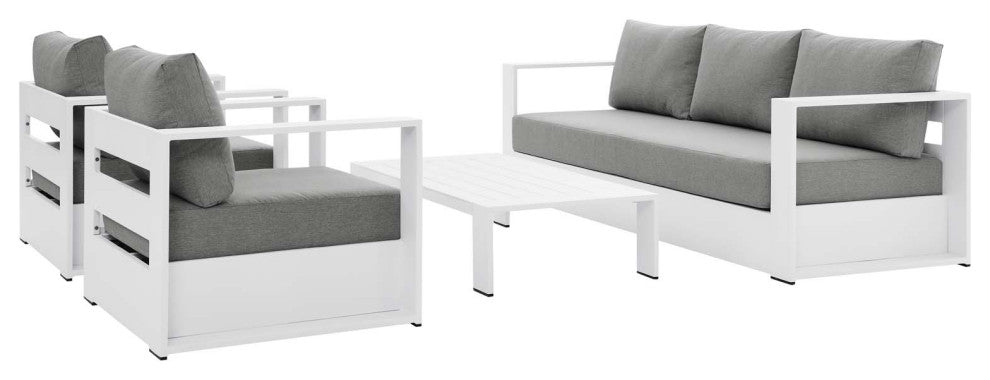 Sectional Sofa Table Set, White Gray, Aluminum, Modern, Outdoor Patio
