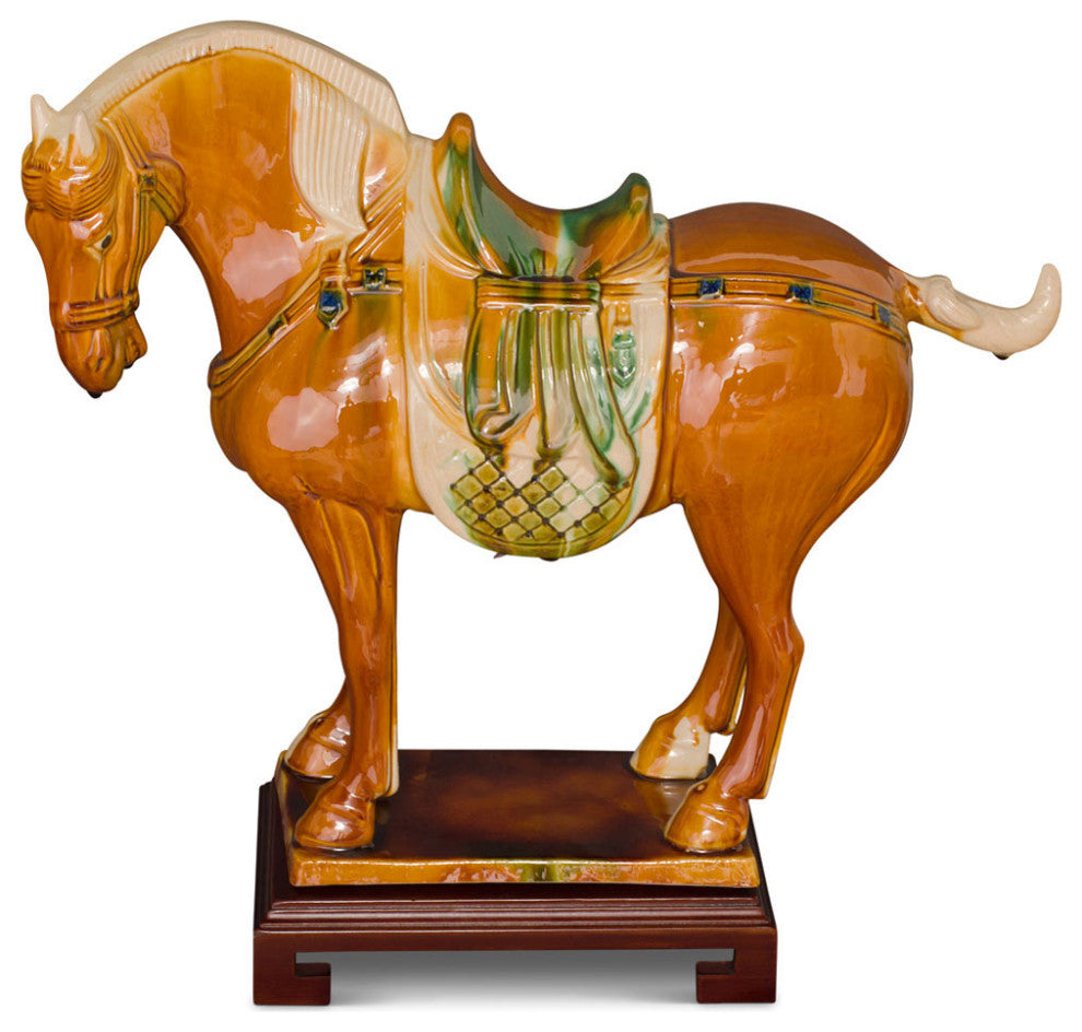 Tang Dynasty Tri-Color Glazed Ceramic Chinese Bay Horse Statue