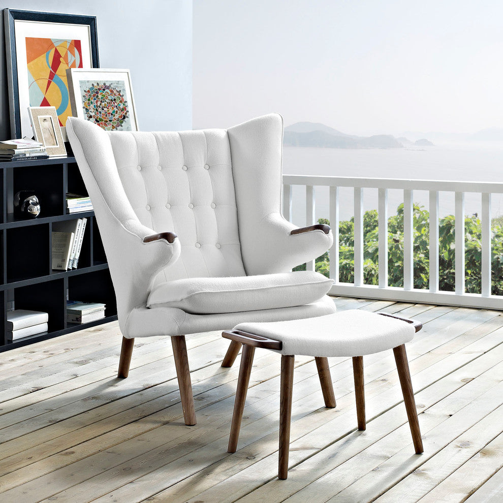 Modern Walnut White Bear Lounge Chair and Ottoman