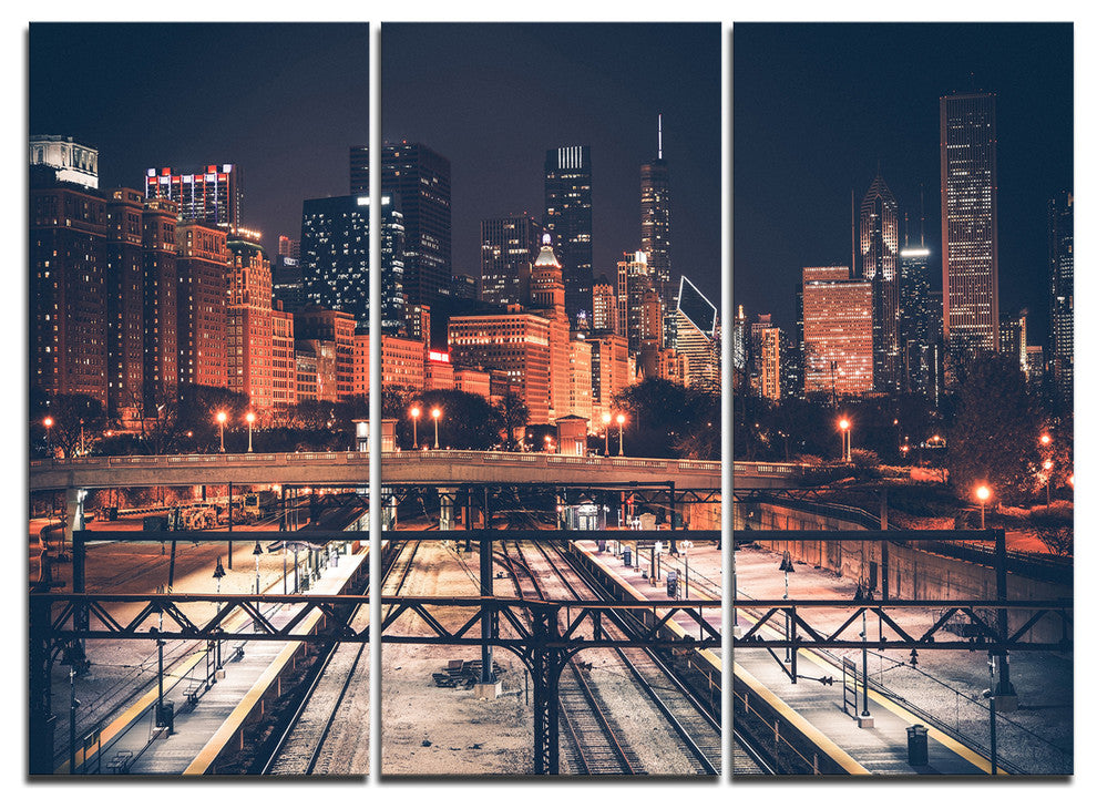 "Dark Chicago Skyline and Railroad" Metal Wall Art, 3 Panels, 36"x28"