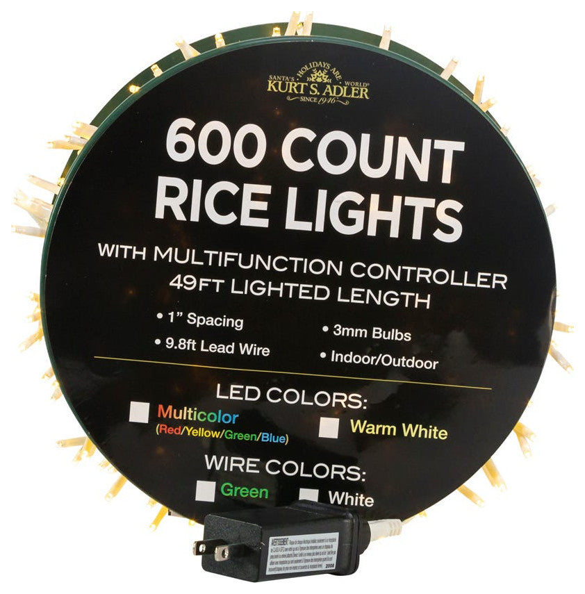 600 Light, 49' Warm White LED White Wire Rice Lights