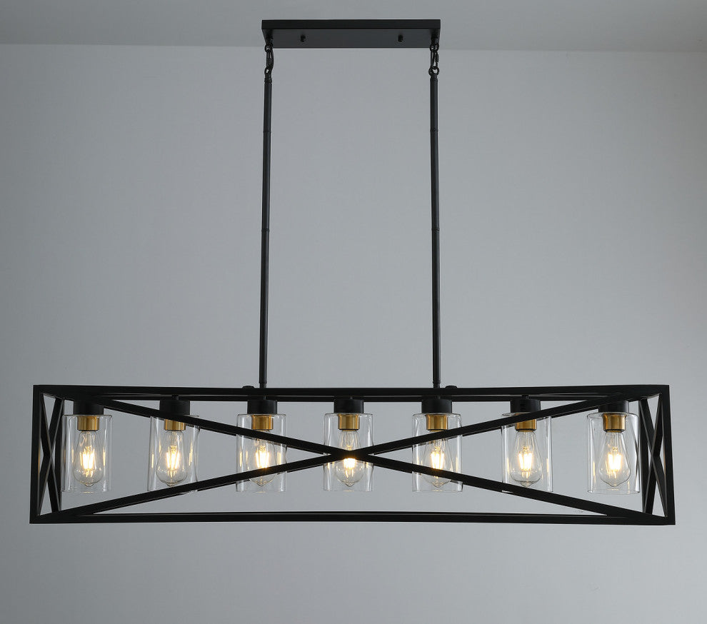 7-Light Kitchen Island Pendant Light Farmhouse Cage Chandelier, Black