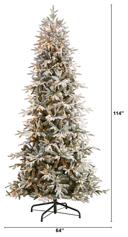 9.5' Flocked Manchester Spruce Faux Xmas Tree W/ 650 Lights & Bendable Branches