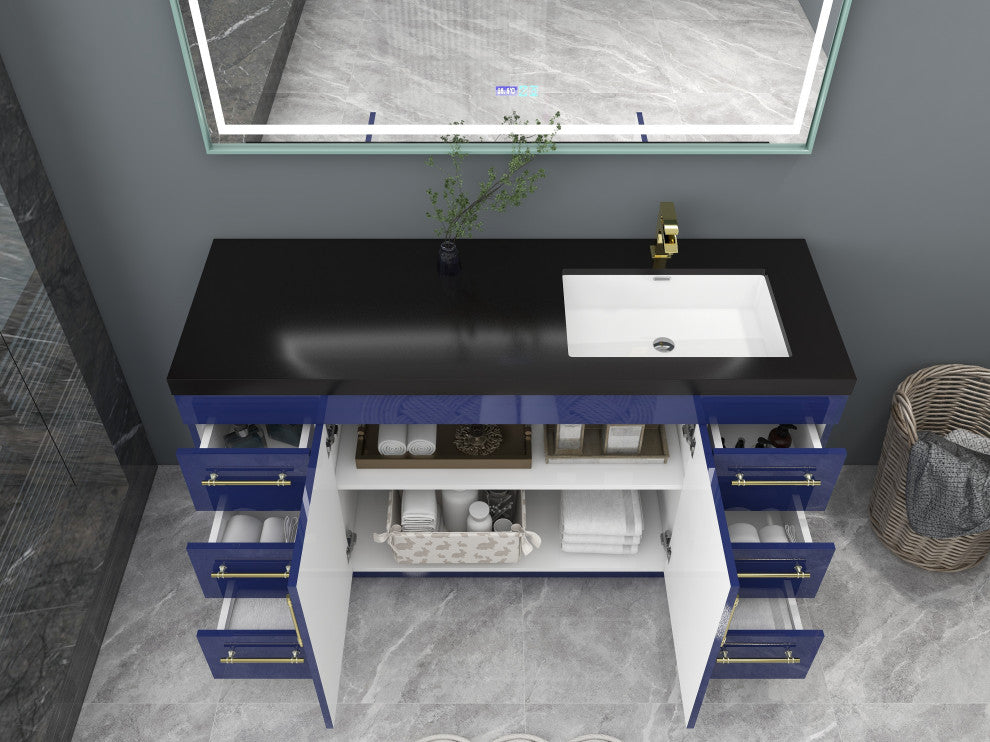 Rosa 60" Free Standing Modern Vanity, High Gloss Night Blue, Matt Black Top
