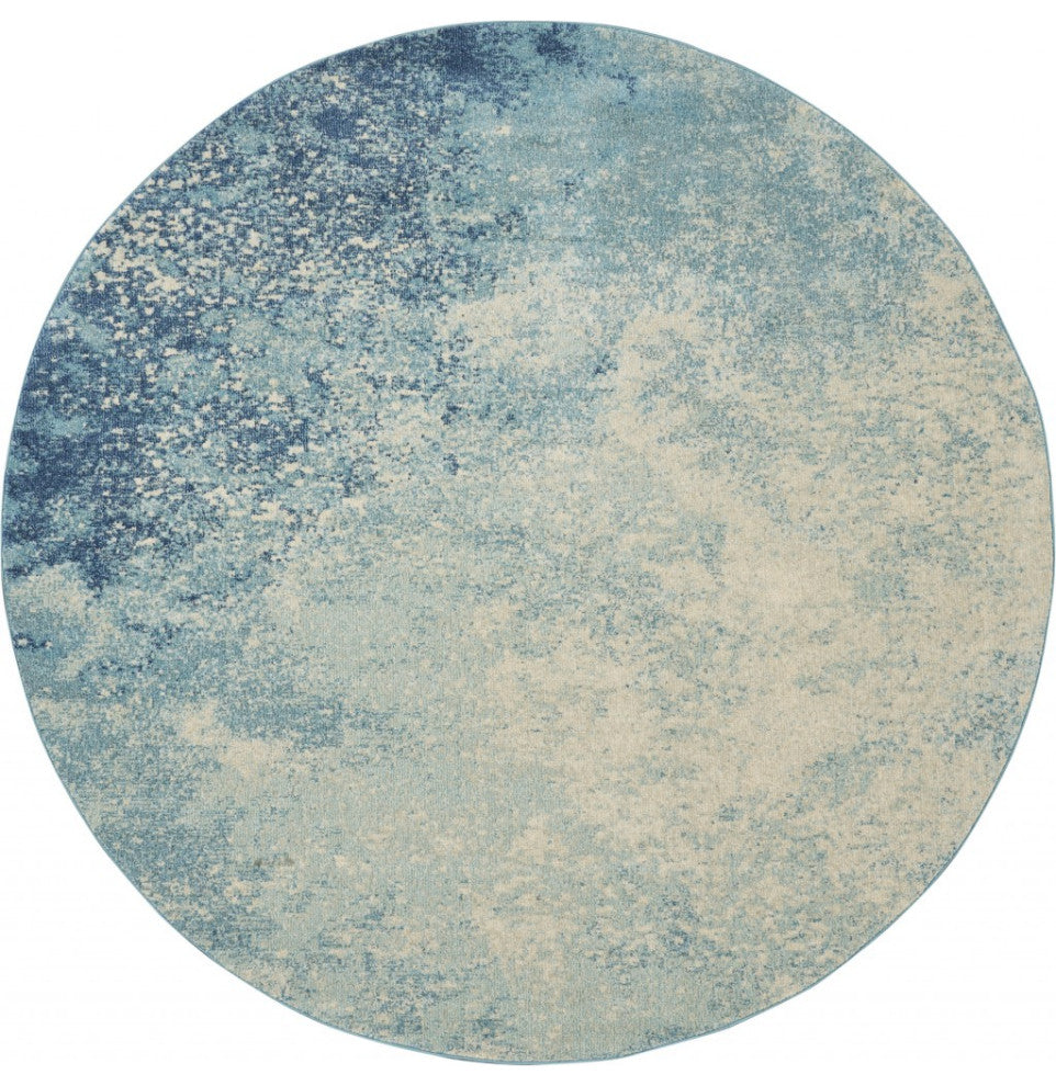 8' Ivory And Blue Round Abstract Power Loom Area Rug