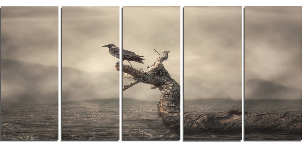 Crow Perching on Tree, Animal Canvas Art Print, 60"x28", 5 Panels