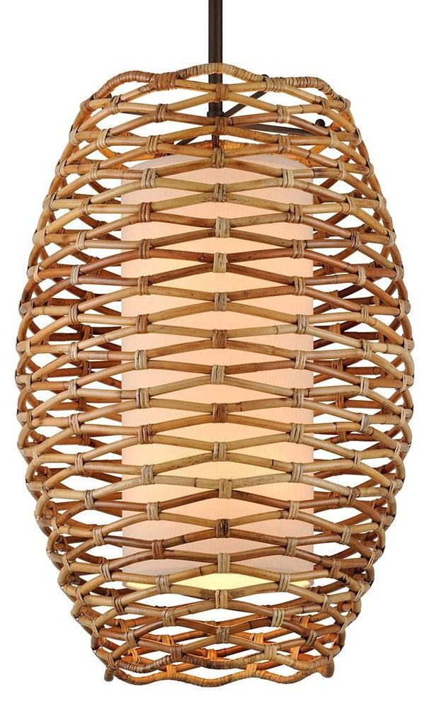Balboa Pendant, Bronze Finish, Natural Rattan, Cream Linen Shade, 40"
