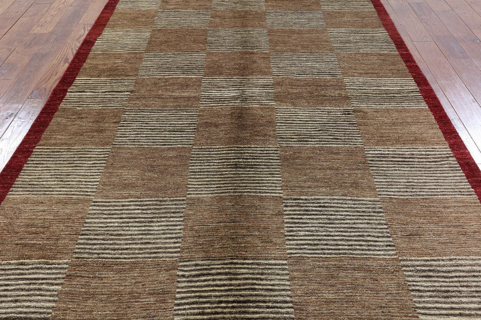 Shades of Brown Hand Knotted Checkered Super Fine Gabbeh Wool 6x9 Area Rug H6933