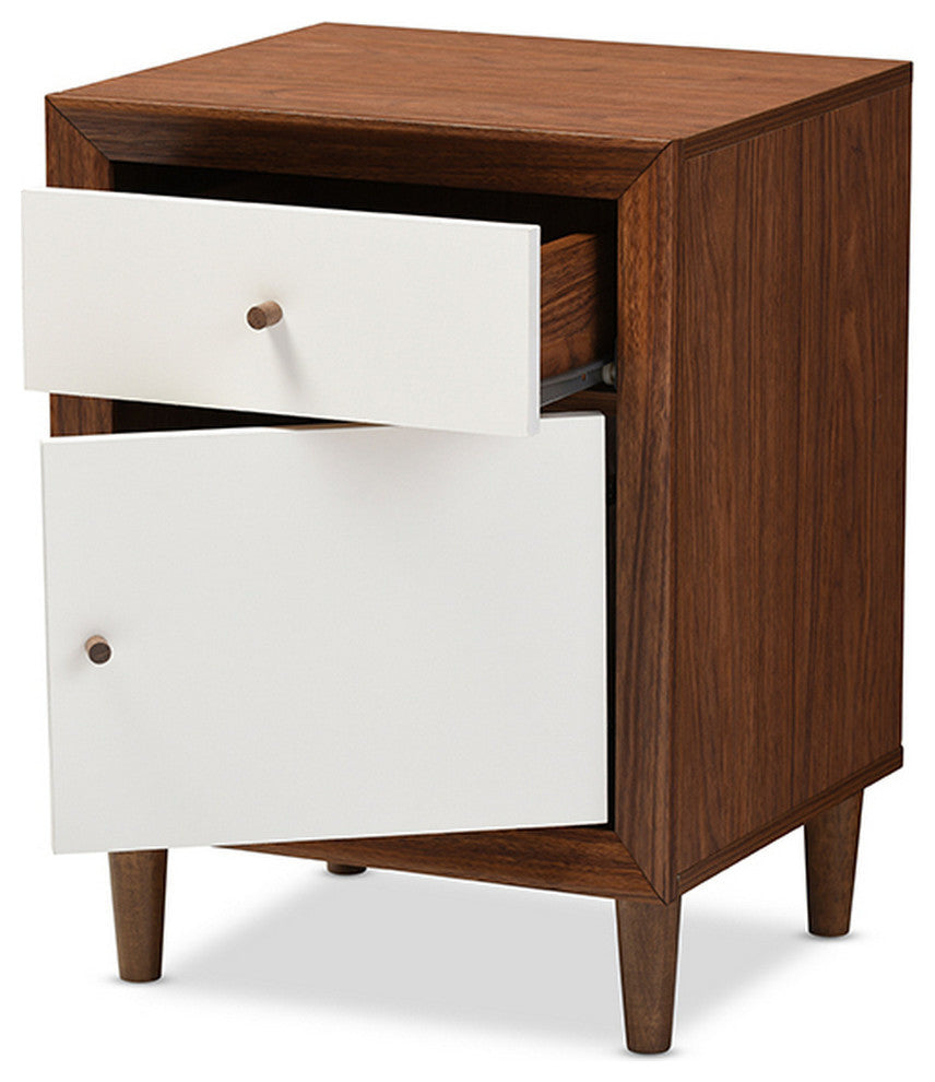 Urban Designs Harlow White and Walnut Wood 1-drawer and 1-door Nightstand