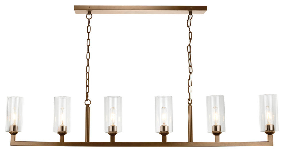 Linear 6 Light Chandelier, Antique Brass and Clear Glass