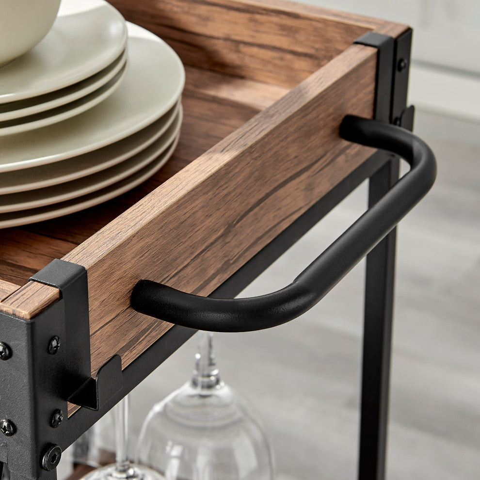 Rustic Walnut Veneer Rolling Farmhouse Wine Bar Cart With Bottle and Glass Rack