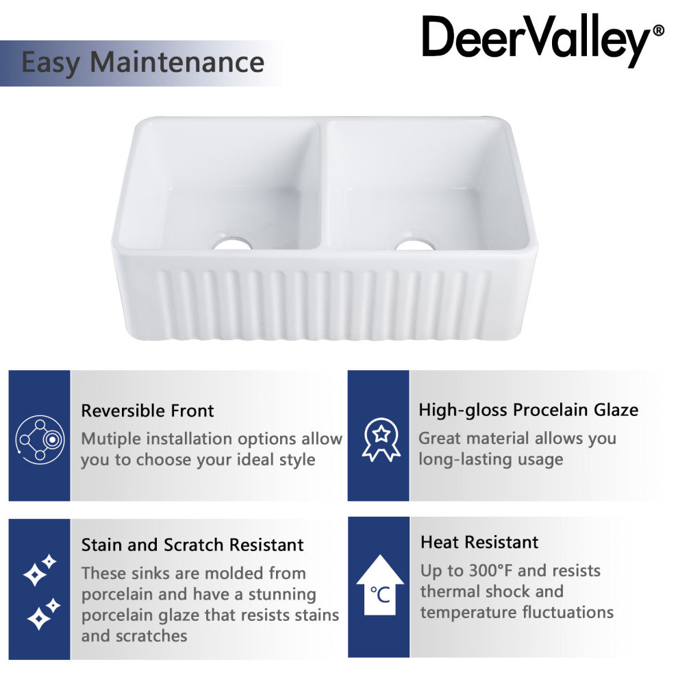 33'' x 18" White Farmhouse Ceramic Kitchen Sink,Reversible Double Bowl Sink