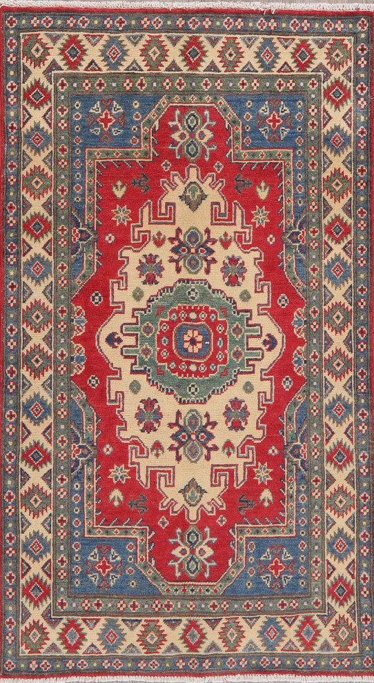 Kazak Oriental Traditional Carpet Pakistani Bordered Area Rug, Beige, 4'8"x3'4