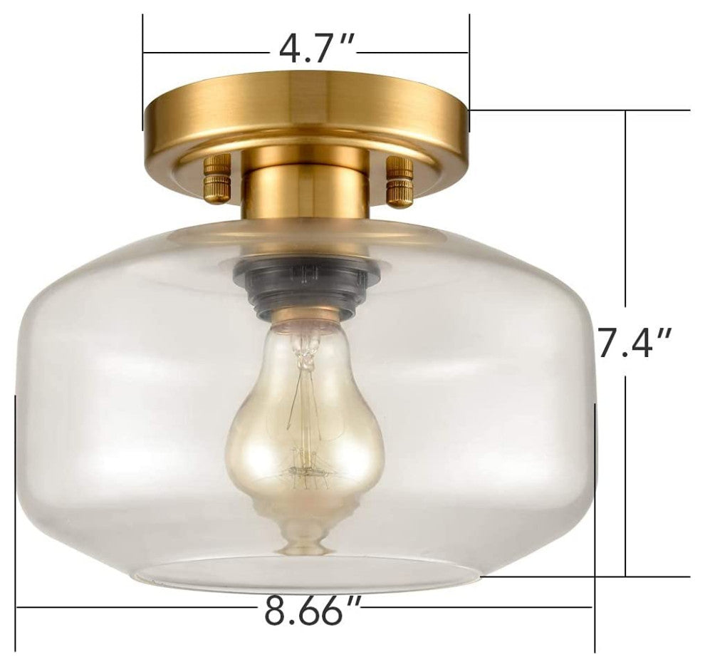 Modern Semi Flush Lighting Fixture Glass Ceiling Lamp, Brass Finish