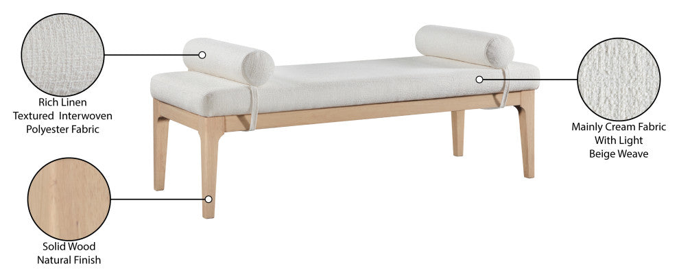 Priscilla Upholstered Bench, Cream, Linen Textured Fabric, Natural Finish