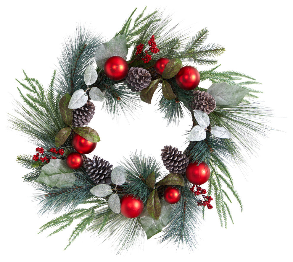 24" Assorted Pinecones & Berry Artificial Christmas Wreath With Red Ornaments